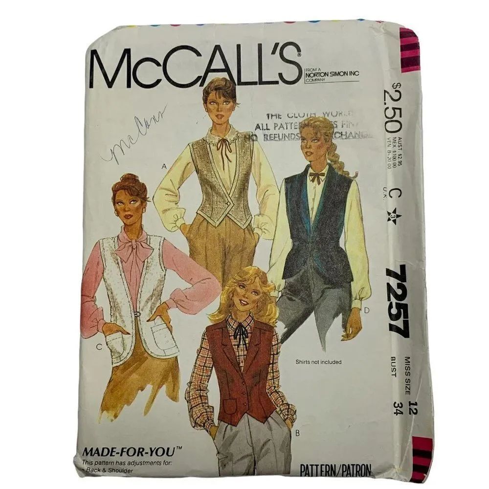 Vintage 80s McCalls 7257 Pattern Misses 6-16 Button Vest 4 Styles Cut Waistcoat